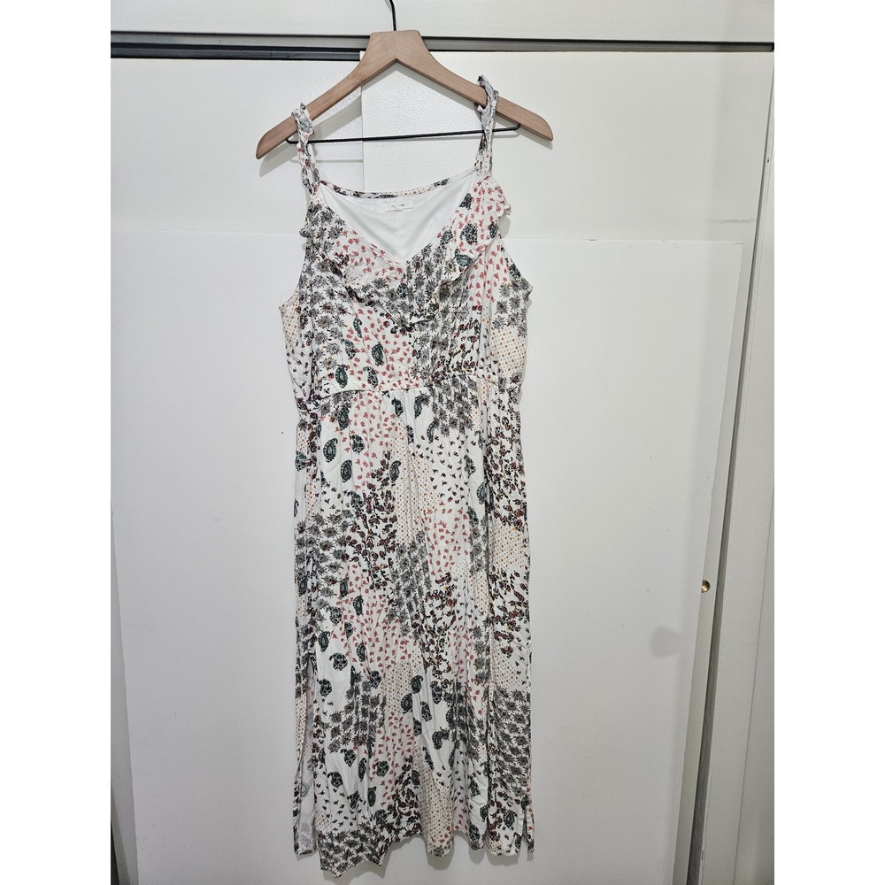 Maurices Floral Paisley‎ Patchwork Ruffle Midi Dress XXL White Red Rayon Boho